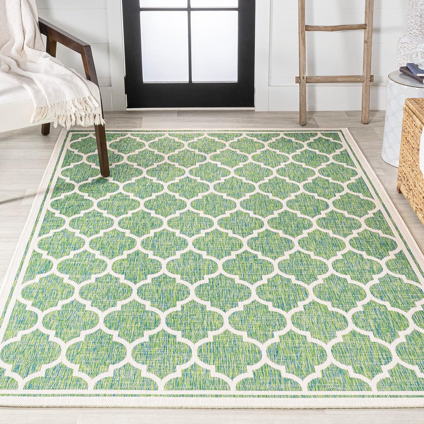 Eyely BMS109I-8 Santa Monica Trebol Moroccan Trellis Textured Weave Indoor/Outdoor Area Rug Coastal;Bohemian, Bedroom, Backyard, Patio, Easy-Cleaning, Non-Shedding, 8 X 10, Cream/Green