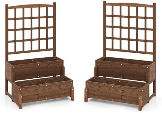 HAPPYGRILL Raised Garden Bed with Trellis, Drainage Holes, 2-Tier Wooden Elevated Planter Box w/Legs for Climbing Plants Vine Flower Herb Vegetable Fruit, Outdoor Garden Box for Patio Balcony (2)