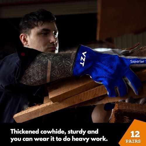 12 Pairs Bulk Leather Work Gloves for Men or Women for Construction, Wood cutting, Driving, Gardening, Automotive Repair, Soft, Cowhide, Class 4 Abrasion Resistant, Blue-White, XXL.