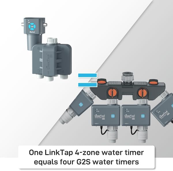 LinkTap Q1 4-Zone Wireless Water Timer & Gateway, 4 Separate Ports, 4 Built-in Flow Meters, Equals Four G2S Smart Hose Timers, Easy Install & Use, 2-Year Warranty