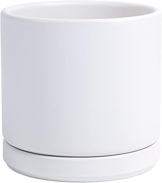 D'vine Dev Ceramic Planter Pot with Drainage Hole and Saucer, Indoor Cylinder Round Flower Pot, 4.6 Inch, White, 94-O-B-1