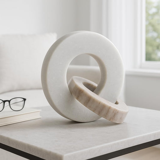 Home Decor and Bathroom Decor Marble Double Ring – Modern Shelf Sculpture and Office Accents for Room Styling – Coffee Table Ornaments and Living Room Decor Statues Design – 6", White & Beige