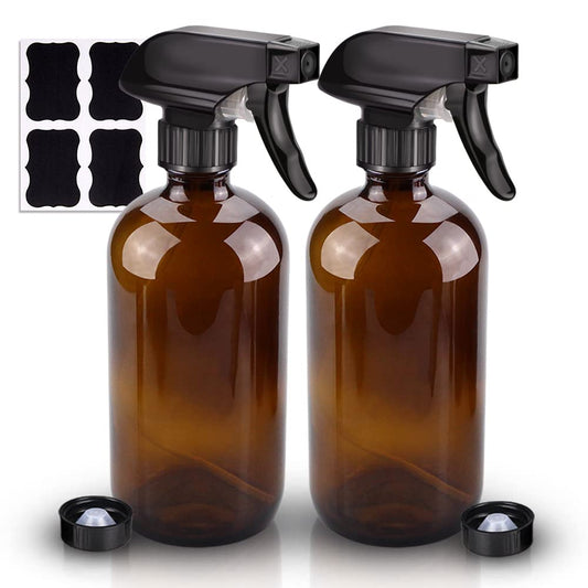 Wedama Amber Glass Spray Bottles, 2 Pack 16 oz Glass Spray Bottles for Cleaning Solutions and Essential Oils, Refillable Empty Spray Bottle with Adjustable Nozzles for Alcohol, Plant and Hair Care