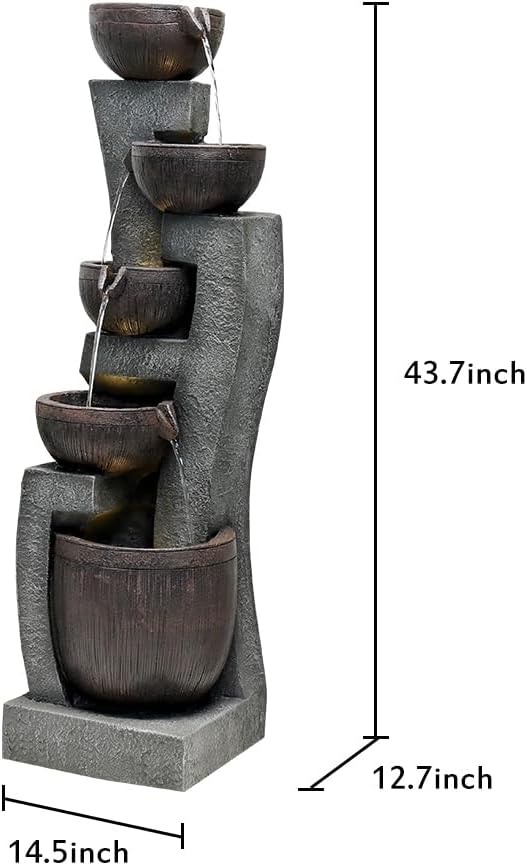 SunJet 43.7" Indoor/Outdoor Modern Water Fountain - 5-Tiers Garden Cascading Fountain with Lights & Pump - Curve Shape Floor-Standing Waterfall Feature for Home Deck, Patio, Porch, Yard Decor