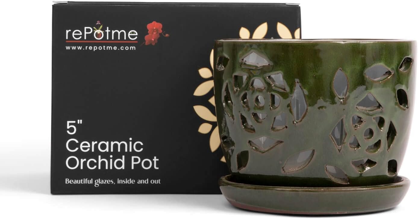 rePotme 5 inch Floral Cutout Ceramic Orchid Pot (Emerald Green) - Includes 5 inch Slotted Pot Liner