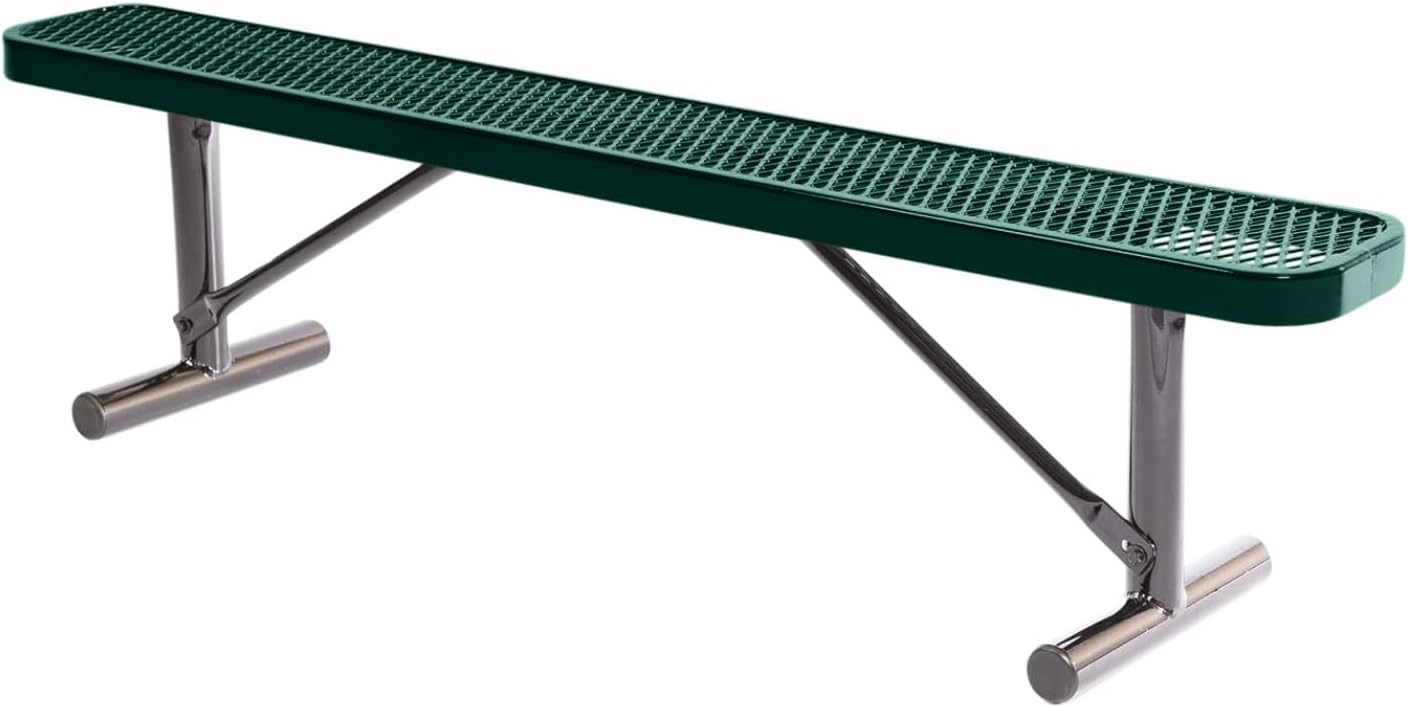 Heavy-Duty Portable Outdoor Bench Thermoplastic Coated, Expanded Metal, Commercial-Grade Seating, Made in America (Portable Without Back, 6 Ft, Dark Green)