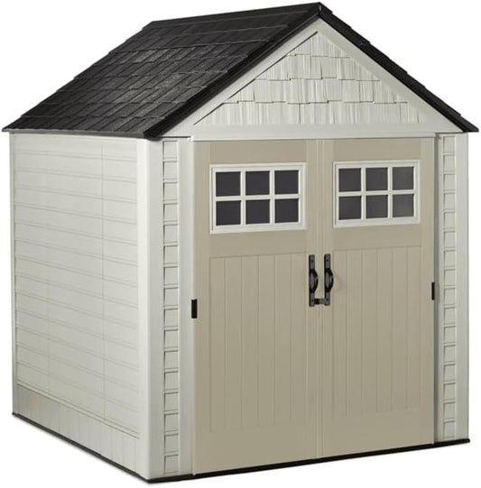 Rubbermaid 7 Foot by 7 Foot Weatherproof Outdoor Storage Shed for Garden Tools and Lawn Machinery Organization with Lockable Double Door Sandstone