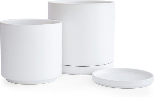 D'vine Dev 8 Inch & 10 Inch Ceramic Planter Pot for Plants with Drainage Hole and Saucer, Large Plant Pots Set, White, 94-G-L-1