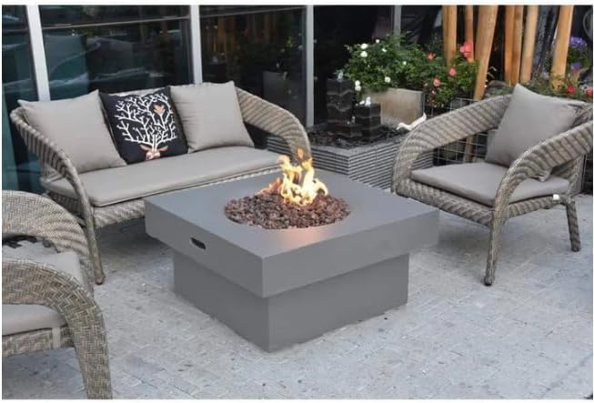AMS Fireplace | Modeno Branford Package | Light Gray Natural Gas Fire Pit Table for Outside Patio Bundle with Wind Guard & SS Burner Lid | Free Ice Bucket & Rubber Mat