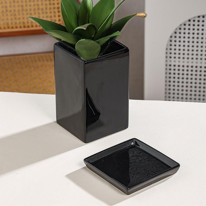 Square Plant Saucer 12 Inch 1 Pack，Plant Trays for Pots, Black Ceramic Plant Saucers for Indoors Outdoors, Plant Drip Tray 4 6 8 10 12 14 Inch