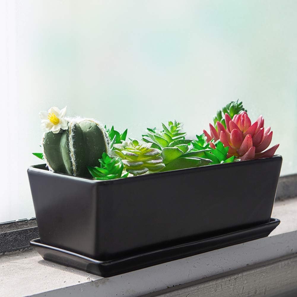 SQOWL 10 inch Ceramic Rectangular Succulent Planter Window Box Flower Planter Pot with Saucer for Indoor Plants Black