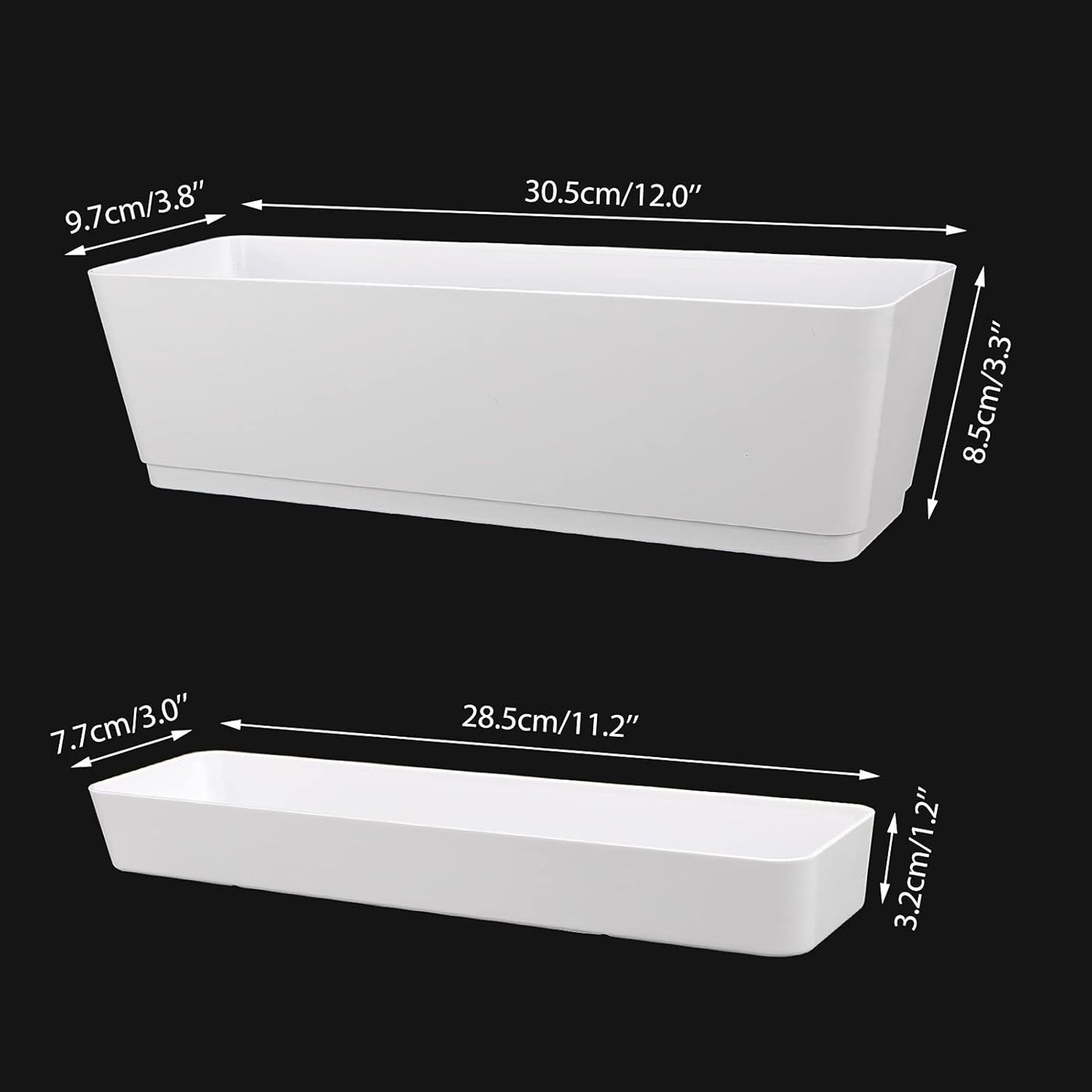 GREANER Window Boxes, 3 Pack 12x3.8 Inch Mixed Color Rectangle Herb Planters with Tray, Indoor Succulent Cactus Plastic Saucer Pot for Windowsill, Balcony, Office, Outdoor Garden (Black, White, Beige)