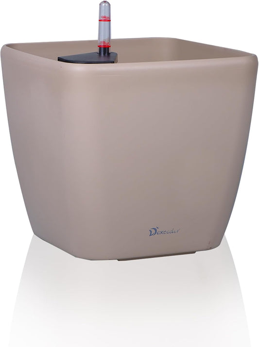 Dexceder 11x10 Self Watering Planter Indoor Outdoor, Inner Mat Design, Thickened Table Flower Plant Pot with Water Level Indicator (Taupe Matte)