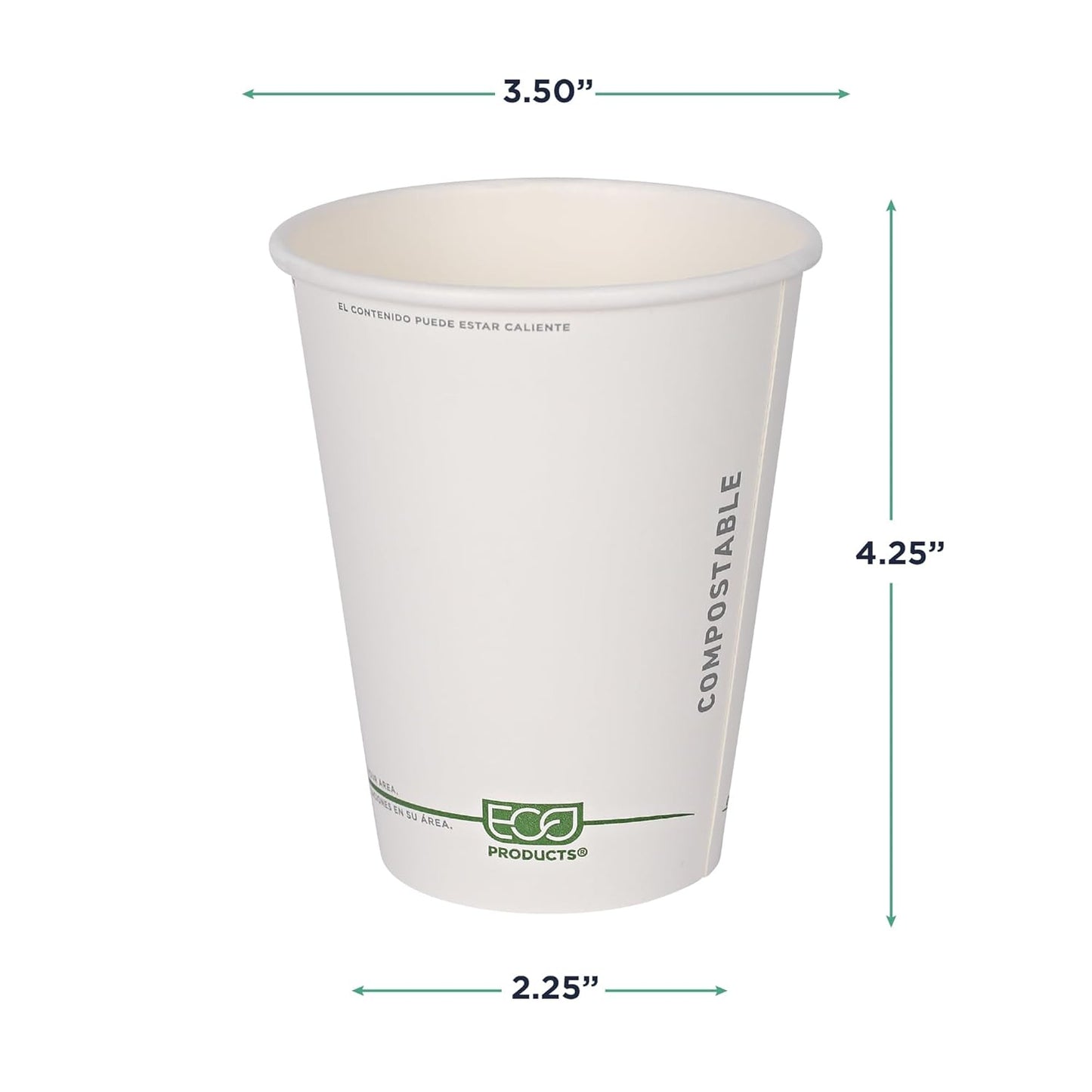 ECO PRODUCTS Compostable Disposable GreenStripe 12oz Coffee Cups, Pack of 50, White Single Wall Hot Paper Cup, Plant Based PLA Lining, Biodegradable