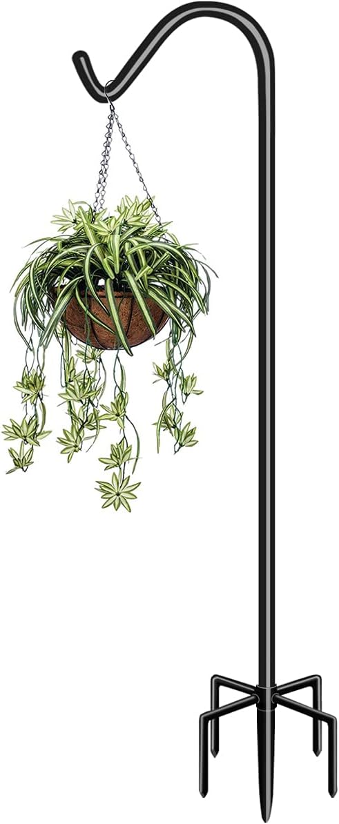 Garbuildman 76 Inch Tall Shepherd Hooks with 5-Forked Base, Adjustable Heavy Duty Bird Feeder Pole Stand Hanger for Outdoor, Shiny Black, 1 Pack