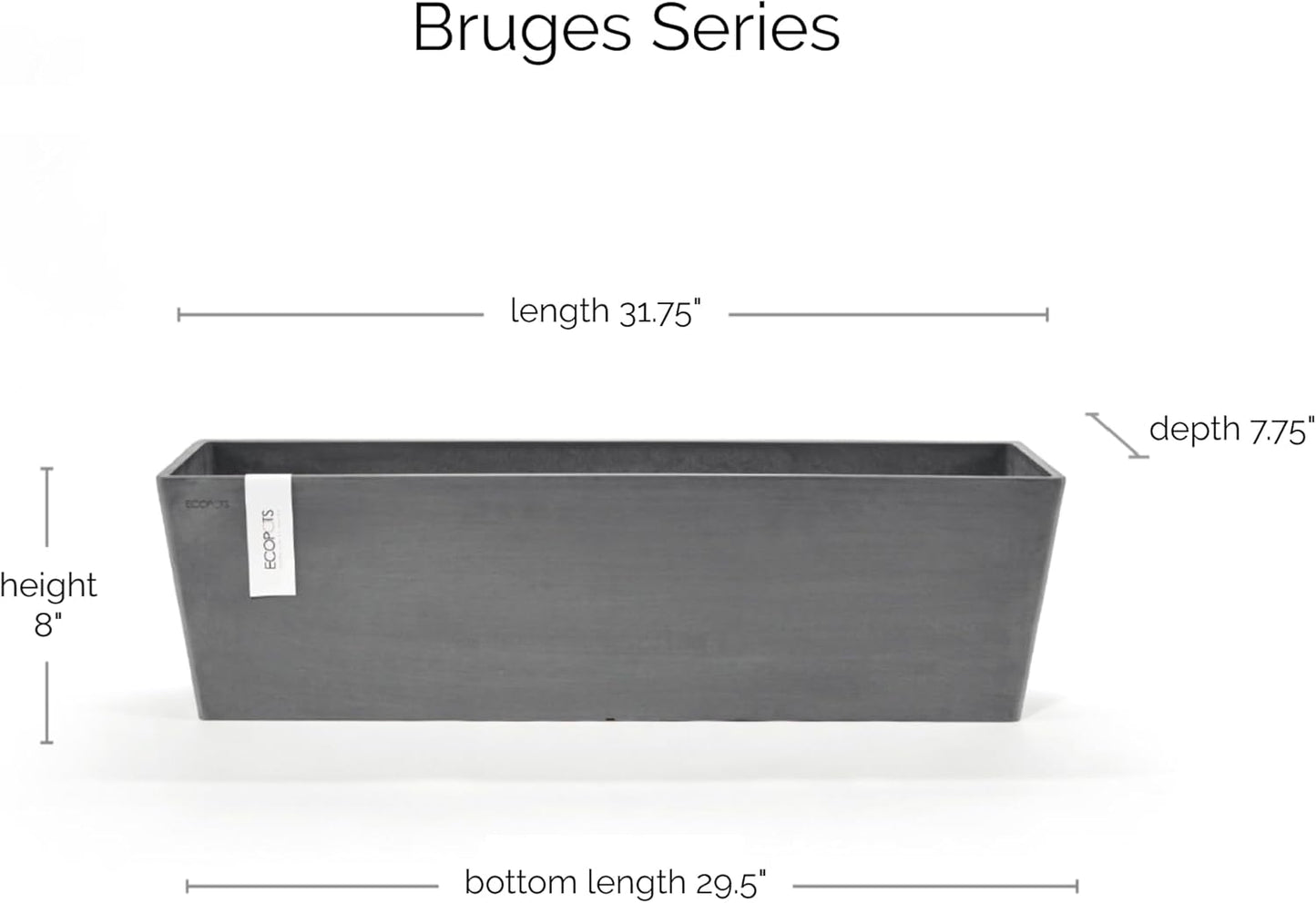 Ecopots Bruges Durable Modern Rectangular Indoor/Outdoor Recycled-Based Composite Flower Pot Planter, Grey, 31.5"