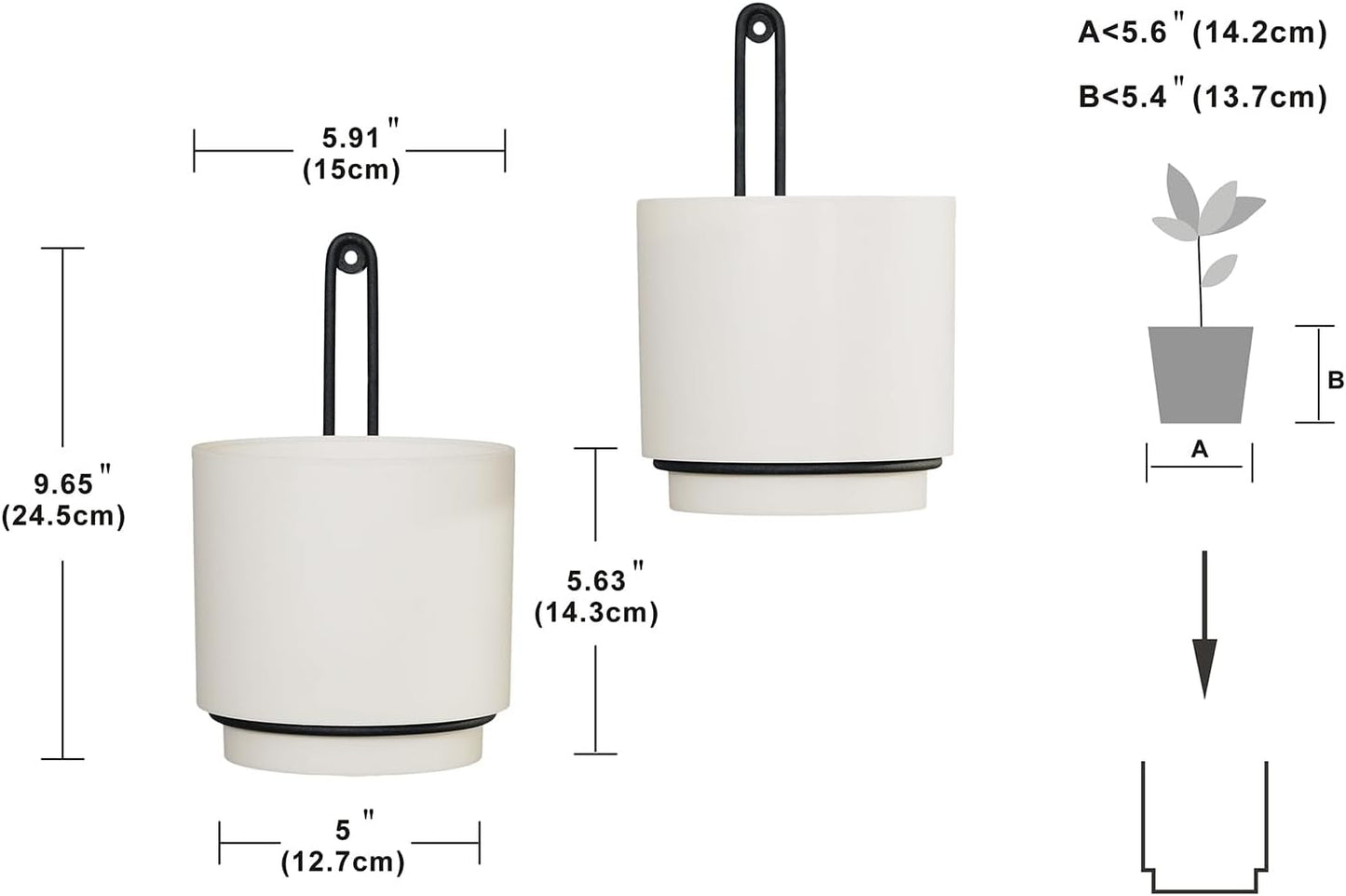 2 Pcs Wall Mounted Hanging Planter Vase for Indoor and Outdoor Plants Modern Metal Wall and Ceiling Planter Minimalist Flower Pot (White, 5.91 inch)