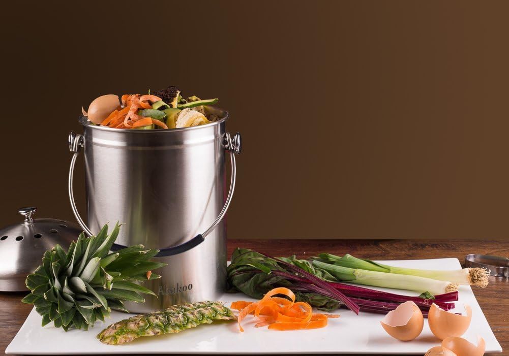 Abakoo Compost Bin 304 Stainless Steel Kitchen Composter Waste Pail Indoor Countertop Kitchen Bin Pail - Includes 4 Filters (1.3 Gallon)