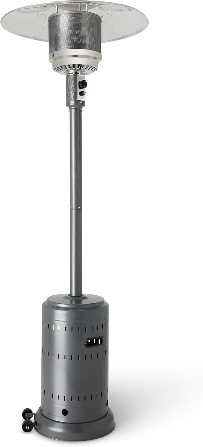 Amazon Basics 46,000 BTU Outdoor Propane Patio Heater with Wheels, Commercial & Residential, Slate Gray, with Water Tank, 32.1 x 32.1 x 91.3 inches (LxWxH)