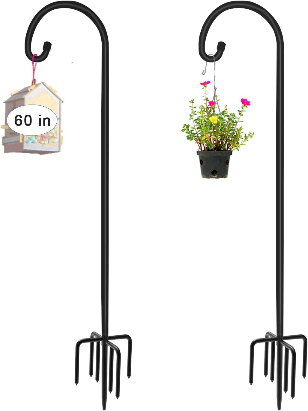 60 inch Outdoor Shepherd Hook with 5 Prong Base (2 Packs), Adjustable Heavy Duty Garden Hanging Stake for Bird Feeder Solar Light Plant Hanger Wedding Decor, Matte Black