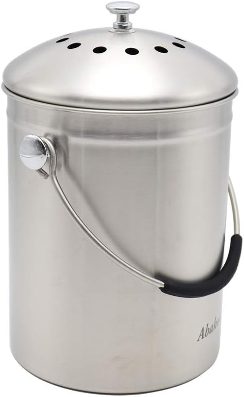 Abakoo Stainless Steel Compost Bin for Kitchen Countertop Compost Bucket Kitchen Pail Compost with Lid 1.3 Gallon-Includes 4 Filters