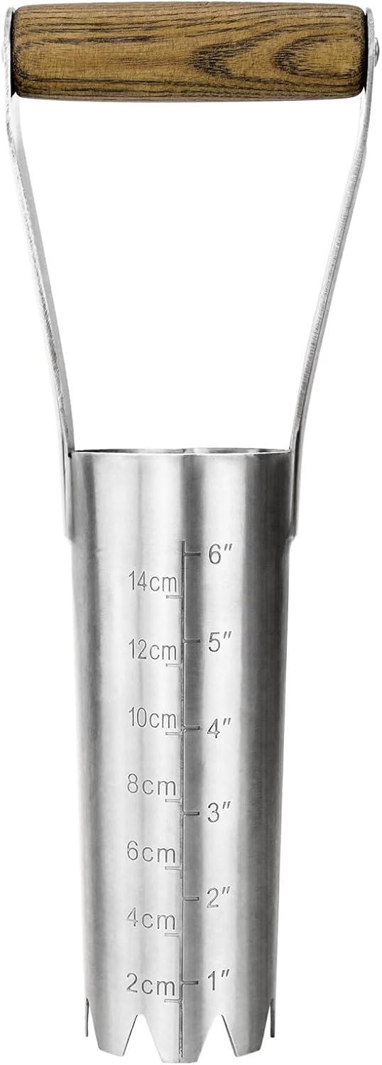 Haliaeetus Bulb Planter Tool, 6 inches Depth Mark Hand Bulb Planter, Non-Bending Stainless Steel Bulb Planter Digger, Garden Bulb Transplanter with Comfortable Wood Handle for Planting Tulip, Daffodil