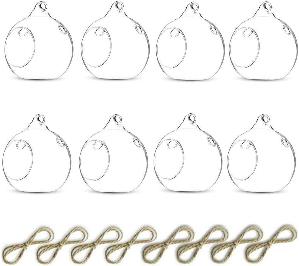 Nuptio 8 Pcs 3.15"/ 8cm Hanging Glass Tealight Holder Globe Plant Terrariums Glass Orbs Air Plants Tea Light Candle Holders Home Decor Indoor Outdoor Garden (with 2 Holes, 6 Pcs + 2 Pcs)