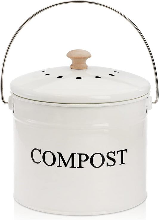 AVLA Compost Bin Kitchen Countertop, 1 Gallon Composter Pail, Food Waste Composting Bucket, Odorless Trash Keeper Container, White Scraps Caddy with Charcoal Filter, Carrying Handle, Lid