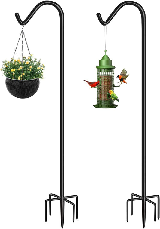 Shepherds Hook for Outdoor Bird Feeders Pole 92 Inch Tall, Adjustable Heavy Duty Garden Hanger Stake Pole with 5 Prong Base, Shiny Black (2 Packs)