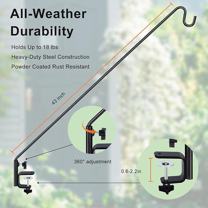 MIXXIDEA Deck Hook Outdoor Hanging Brackets：43 Inches Wall Mounted Hook Plants & Wind Chimes Risk-Free Lanterns Large Wind Chimes Lanterns