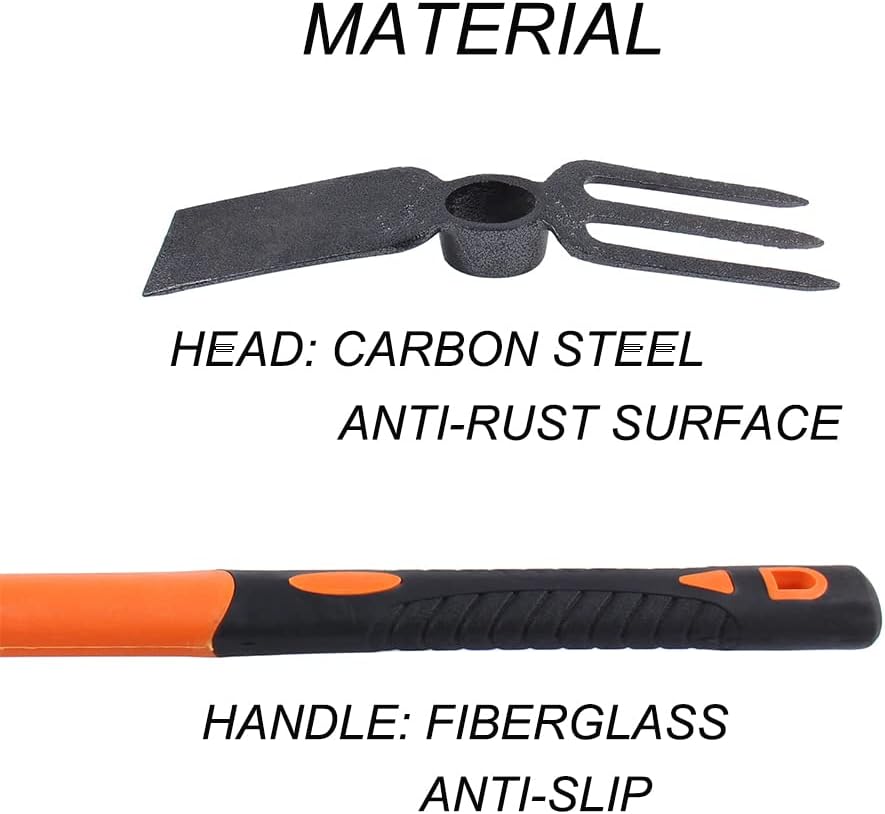 3 Sprongs Dual Head Rake Hoe with Heavy Duty Forged Adze and Ergonomic Non-Slip Handle for Loosening Soil, Gardening, Camping Outdoor 39mm/15-Inch