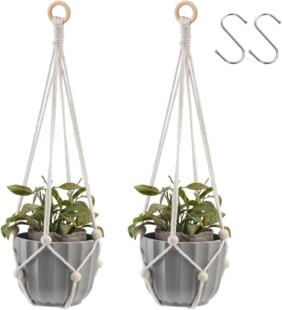 Artilady Hanging Planter for Indoor Plants Macrame Plant Hanger Large Hanging Plant Holder with Adjustable Beads Plants Basket White Rope Boho Plant Wall Decor