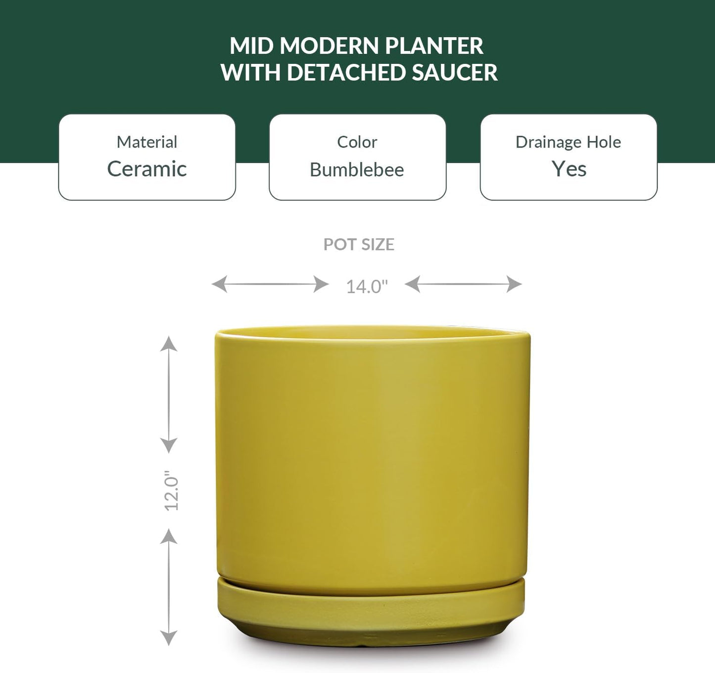 Mid Modern Planter with Detached Saucer (Bumblebee,14.0" D x 12.0" H)