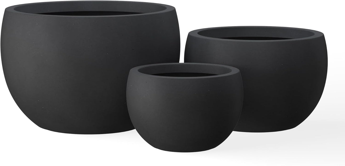 Kante 19.9",15.7",11.8" Dia Round Concrete Planter Set of 3, Outdoor/Indoor Large Bowl Plant Pots with Drainage Hole and Rubber Plug for Garden Patio Balcony Home, Black