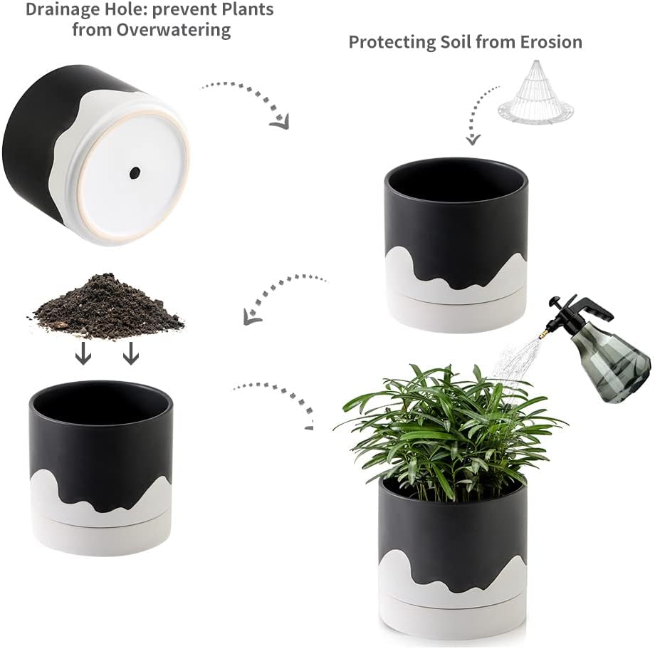 Nihow Ceramic Plant Pot: 6 Inch Planter with Drainage Hole & Saucer for Indoor & Outdoor Plants - Cylinder Round Flower Pot for Succulent/Herbs/Violets - Black & Wave White