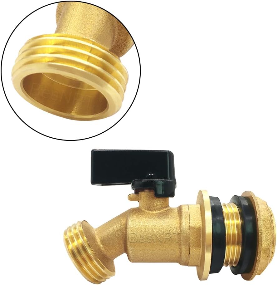 Brass Rain Barrel Spigot Water Tank Faucet, 3/4" NPS Male Inlet to 3/4" GHT Male Outlet, Quarter Turn Bulkhead Ball Valve