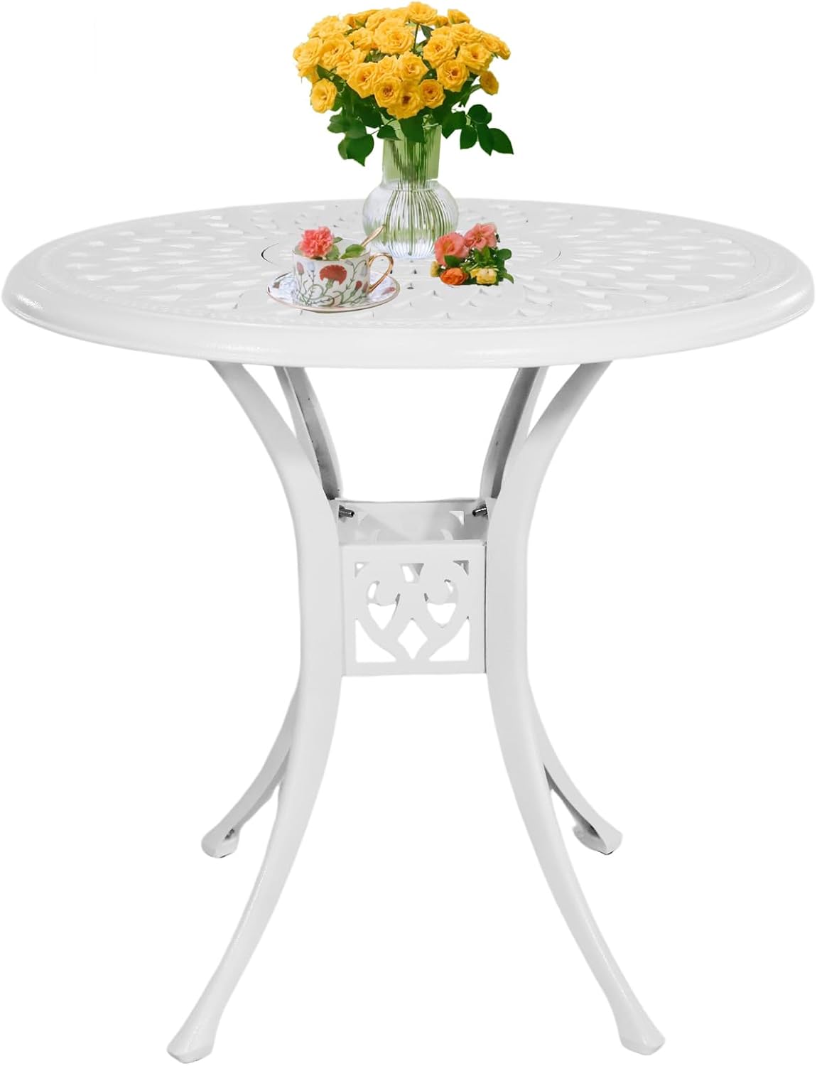 30 inches Patio Table with Umbrella Hole, Round Cast Aluminum Bistro Table for Porch Backyard, White