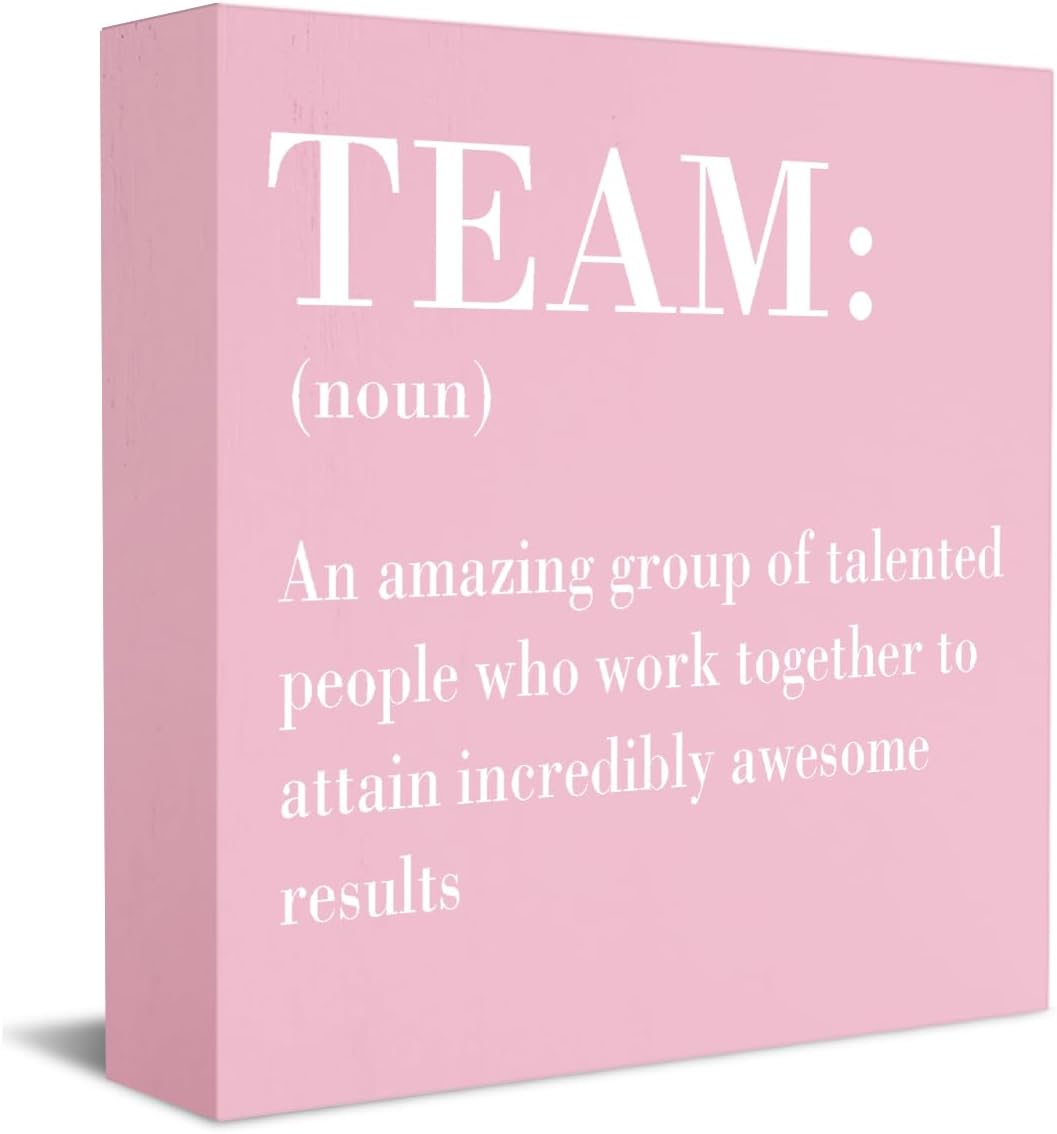HTBIG Inspirational Team Noun Office Decor Desk Decor Wooden Box Sign Rustic Pink Wood Block Plaque Box Sign for Home Office Desk Shelf Table Decoration Coworker Gift Team Definition Teamwork Sign