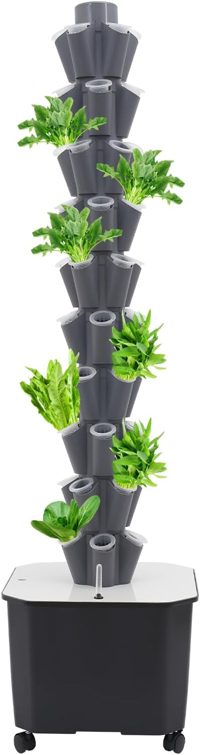 Eapmic Hydroponics Growing System Tower Garden, 10-Tier 50-Hole Vertical Planter with 45L Water Tank & Auto Watering, Indoor/Outdoor Hydroponic Garden Kit w/Wheels (Grey)