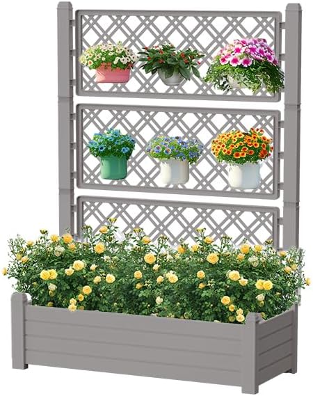 59.3in Planter Box Trellis, Large Outdoor Plastic Raised Garden Bed with Drain Plug for Climbing Plants(Gray,43.43 * 18.27 * 59.29)