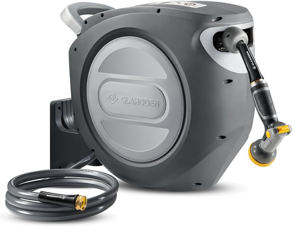 Retractable Garden Hose Reel 1/2 in x 85 ft Upgraded UV Resistant Heavy Duty Automatic Hose Reel Wall Mount 3/4 in Brass Fitting 9 Pattern Nozzle Any Length Lock Slow Retraction