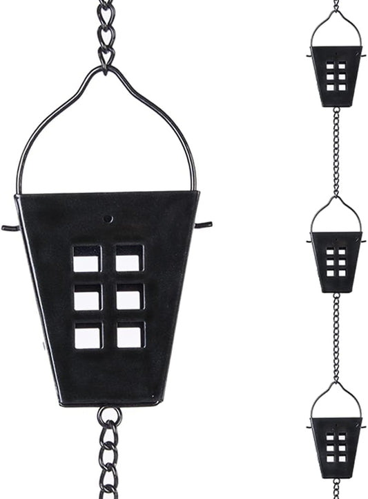 Square Rain Chain, 10 Ft Black Rain Gutter Chains with 12 Cups, Adjustable Rain Catcher Chain with Bell for Eaves Drainage, Outdoor Replacement Downspout for Gutters