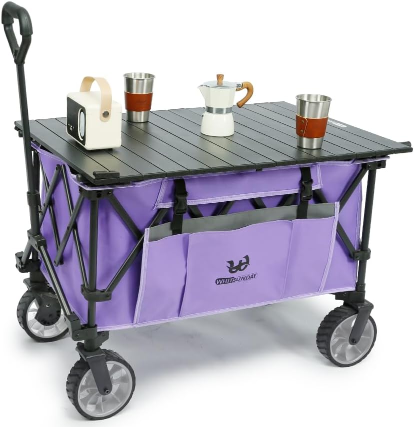 Whitsunday Folding Collapsible Utility Wagon, 400Lbs Heavy Duty Outdoor Park Beach Wagon with Table and Side Pocket for Garden Camping Sports Shopping Purple