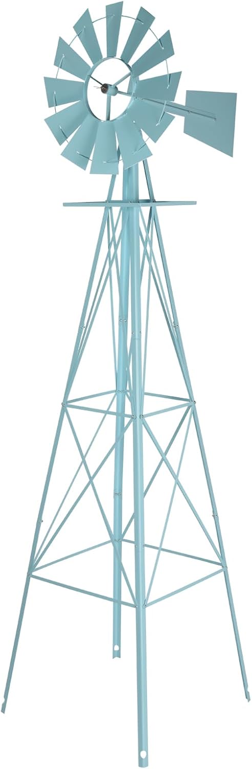 8FT Garden Windmill, Heavy Duty Metal Weather Vane, Yard Ornamental Wind Spinner, Wind Mill Decoration for Backyard Weather Resistant (Light Blue, 8ft)
