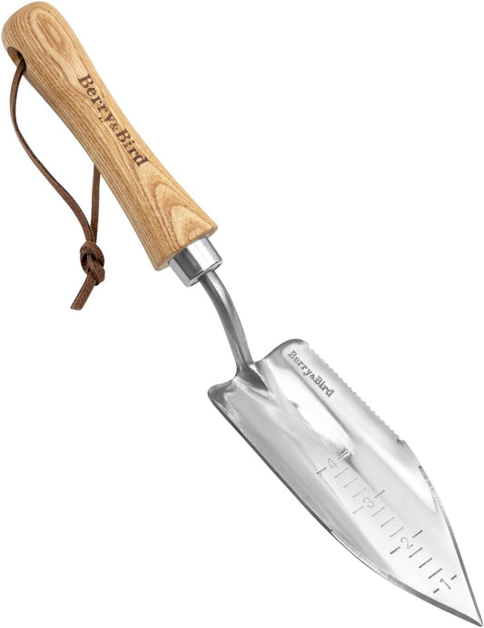 Berry&Bird Potting Trowel, Stainless Steel Serrated Hand Shovel, Wood Handle Garden Trowel Tool with Measuring Scale for Effortless Digging,Roots，Planting, Cutting and Transplanting