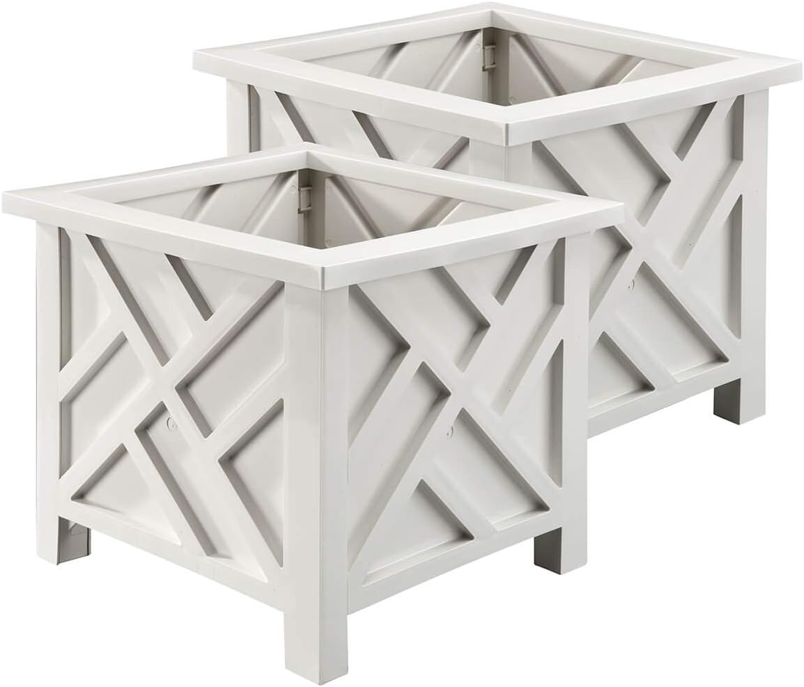 Miles Kimball Set of 2 Chippendale Planter Boxes, White – Outdoor Flower Holder for Garden, Patio and Lawn – 14 ¾” sq. x 13 ¼ H Overall