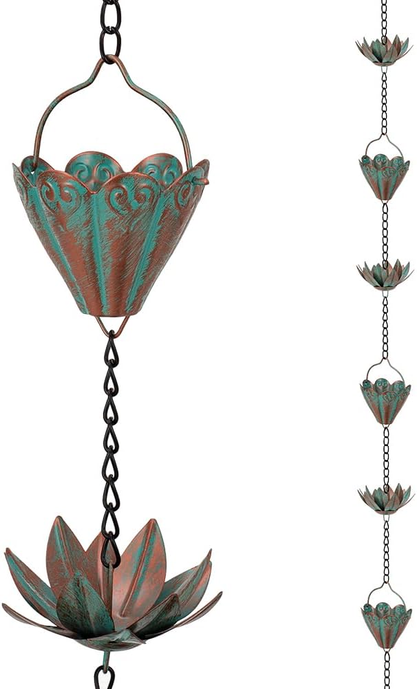 10.3FT Lotus Rain Chains for Gutters, Rain Chains with 16 Cups, Adjustable Rain Catcher Chain for Outside, Replacement Downspout for Gutters, Eaves, Drainage