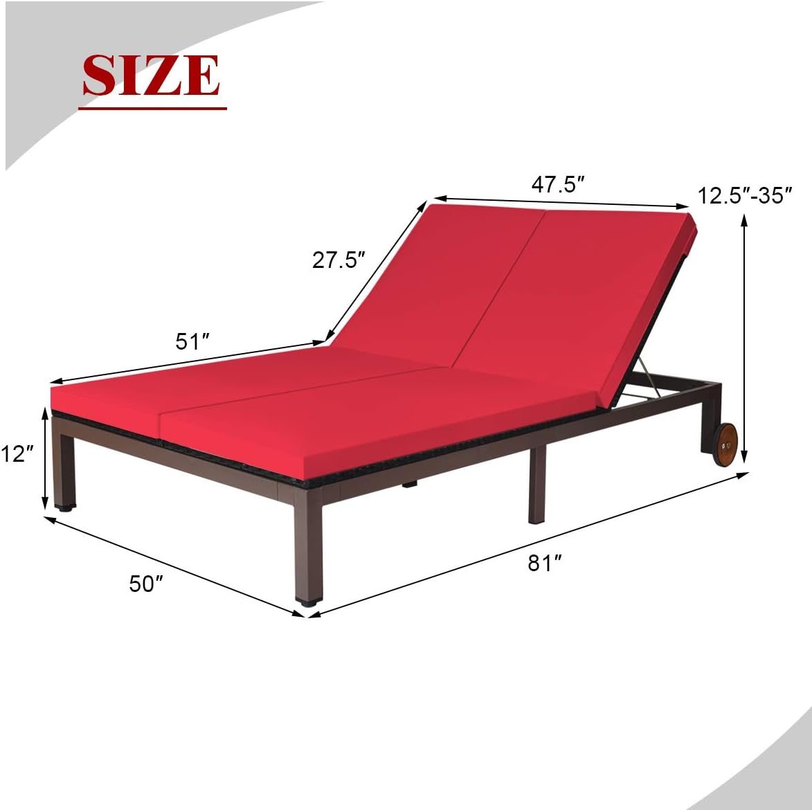 Tangkula 2-Person Patio Lounge Chair, Outdoor Rattan Double Wicker Daybed Chaise Lounge Chair with Adjustable Backrest Wheels & Cushion, Patio Sofa for Garden Lawn Backyard (Red)