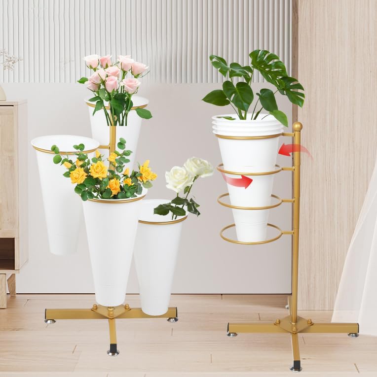 Flower Display Stand with 4 Bucket,Floral Stand with Foldable Frame for Silk Fresh Flowers,4 Tier Florist Shelf Plant Cart for flower shop Garden Living Room,Easy to Install (Gold Shelf+ White Bucket)