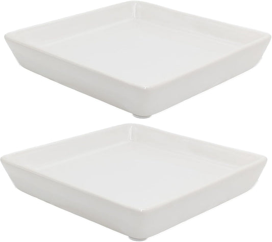 Square Plant Saucer 8 Inch 2 Pack，Plant Trays for Pots, White Ceramic Plant Saucers for Indoors Outdoors, Plant Drip Tray 4 6 8 10 12 14 Inch